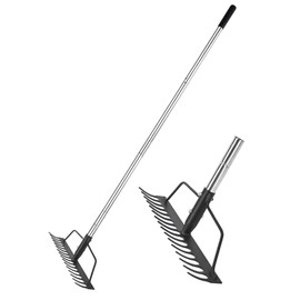 BARAYSTUS 15 Inch Wide Bow Rake, 16 Steel Tines Metal Head Rake Tool with Stainless Steel Handle, Adjustable Long Handle Garden Rake for Loosening Soil Leveling Mulch Gathering Lawns Leaves