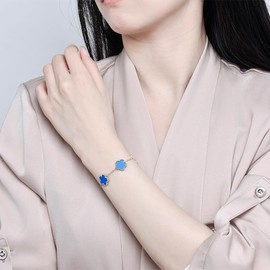 FLY FEI 18K Gold-Plated Four Leaf Clover Bracelet for Women,Adjustable lucky Bracelet Jewelry Gift-Hypoallergenic Charm for Birthdays, Wellness & Daily Wear(style02-Blue(silvery))