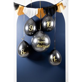 Folat 63766 Latex Balloons Countdown Set BlackGold HNY-33 cm & 61 cm 5 Pieces New Year's Eve Decoration, New Year's Eve Decoration, Happy New Year, Multicoloured