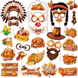 30Pcs Thanksgiving Day Photo Booth Props Kit - Thanksgiving Day Party Decorations Fall Harvest Decorations Selfie Props with Stick for Turkey Pumpkin Party Decorations, Fall Parties, Harvest Festivals