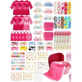 Suhine 6 Set Spa Party Supplies for Girls, Kids Satin Robes Nail Salon Kit Spa Kit Accessories for Birthday Party Favors (Classic Pink, Classic Rose Red)