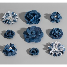 9 PCS Denim Fabric Flower Shape Patch Set，Denim Ribbon Fabric Flowers for Dresses，Denim and Flower Decorations Crafts for Party (Dark Blue)
