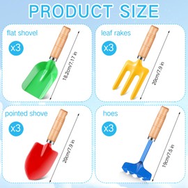 Motionchic 12 Pcs Kids Gardening Tools Metal Garden Tools Including Shovel, Rake, Fork and Trowel, Garden Beach Sand Tools with Wooden Handle Hoe for Children Gift Outdoor Beach Gardening