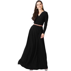 KOH KOH Plus Size Womens Long V-Neck Sleeve Sleeves Fall Formal Flowy Floor Length Evening Casual Day Modest Abaya Muslim Gown Gowns Maxi Dress Dresses, Black 2XL 18-20