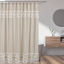 Sweet Jojo Designs Boho Fringe Bathroom Fabric Bath Shower Curtain - Gender Neutral Beige Tan Taupe Linen Tassel Macrame for Bohemian Woodland Farmhouse Botanical Leaf Collection