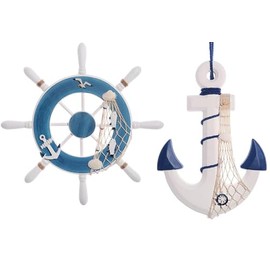 GengGeng 2 Pack 13" Nautical Anchor Wall Decor, Beach & Nautical Theme, Wooden Anchor & Wheel Decor