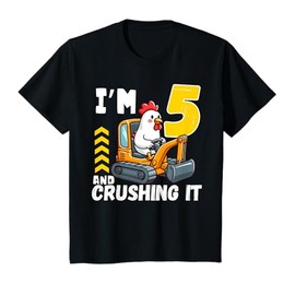 Kids Five 5yr 5th Birthday Construction Boy 5 Years Old Chicken T-Shirt
