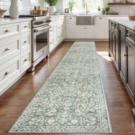 SILOLOOM Vintage Runner Rugs for Hallway 2x12, Sage Green Beige Washable Extra Long Hallway Runner Rug Non Slip, Super Soft Kitchen Runner Rug, Print Faux Wool Floral Thin Carpet Hall Runner