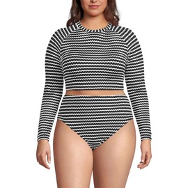 Lands' End Women's Plus Size Crochet Long Sleeve Bikini Top and High Waisted Bottoms Swimsuit Set 2X Black/White