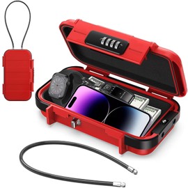 Portable Safe, Waterproof Small Safe Safe with Combination Lock, Outdoor Security Box with Removable Wire Rope, Secures Valuables when Travel, Beach, Camping, Office, Cars - Red