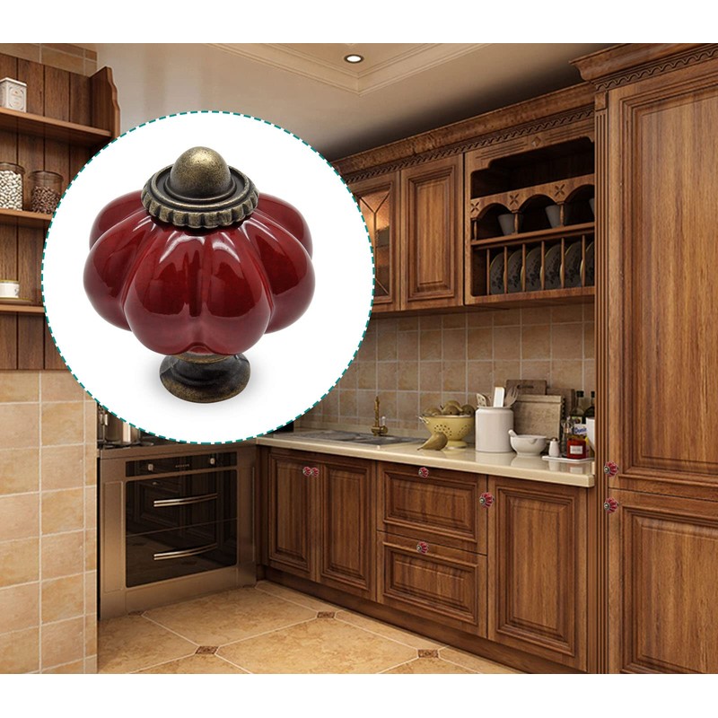 Seimneire 4pcs Rust Red Pumpkin Knobs, Vintage Ceramic Cabinet Knobs,