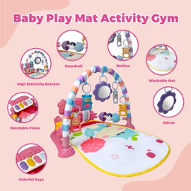Baby Gym Play Mat, Musical Activity Center for Baby, Kick and Play Piano Gym, Tummy Time Play Mat for Newborn Babies Infants Boys Girls 0-3-6-9-12 Months (Pink)