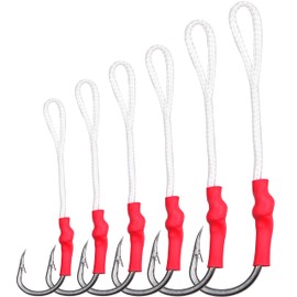 20 Pack Fishing Assist Hooks, Stainless Steel Jigging Assist Fishing Hooks with Red Braided Line Split Ring Lure Connector Jigging Hooks Fishing Tackle (20pcs 1/0)