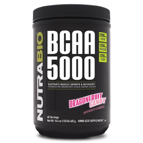 NutraBio BCAA 5000 Powder - Vegan Fermented BCAAs - Supports Lean Muscle Growth, Recovery, Endurance - Zero Fat, Sugar, and Carbs - 60 Servings - Dragonfruit Candy