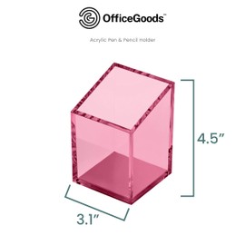 OfficeGoods Acrylic Pen & Pencil Holder - Modern Trapezoid Design - Beautiful Desk Organizer for Home or Office - Contrasting Metal Base - 3" Square w/ 3.5" Front & 4.5" Back - Pink