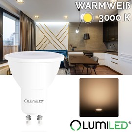 Lumiled GU10 LED, 1.5 W, 135 lumens, 3000 K warm white bulb, spotlight, replaces 15 W halogen bulbs, 120° beam angle, reflector bulbs, pack of 10 energy-saving bulbs