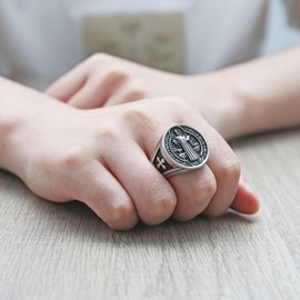 HZMAN St. Benedict Exorcism Ring for Men Women Stainless Steel Silver Catholic Cross Ring Protection Ghost Hunter Ring Jewelry Gift (Silver,12)
