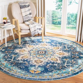 Safavieh Madison Collection MAD473M Boho Chic Medallion Distressed Area Rug, 6'7" x 6'7" Round, Blue / Light Blue