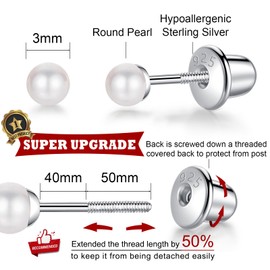 LUCKMORA 925 Sterling Silver Small Pearl Earrings with safety backs in 3mm White Simulated Pearl Hypoallergenic Screwback Earrings for Women (3mm)