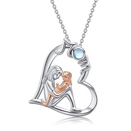 VENACOLY Mum and Daughter Necklace Sterling Silver Heart Pendant Necklace Moonstone Valentines Day Jewellery Mothers Day Gifts for Women Mother