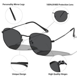 aisswzber Metal Hexagonal Polarized Sunglasses Small Frame Unisex Shades for Women Men UV Protection Lightweight Glasses