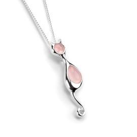 HENRYKA 925 Sterling Silver Cat Necklace - 18'' Chain | Rose Quartz Cat Silhouette & Curly Tail Necklace | Boho Style Colourful 3D Pendant & Jewellery Gift for Girls & Women