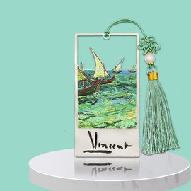 Van Gogh Series Paintings Metal Art Bookmarks Stainless Steel Bookmark Gift Box (Fishing Boats at Sea)