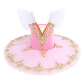 IBAKOM Ballet Leotards for Girls Dance Pancake Platter Tutu Ruffle Sleeve Floral Print Ballerina Swan Lake Costume Toddler Gymnastics Leotard Ballet Tutu Kids Ballet Ballerina Costume Pink 9-10 Years
