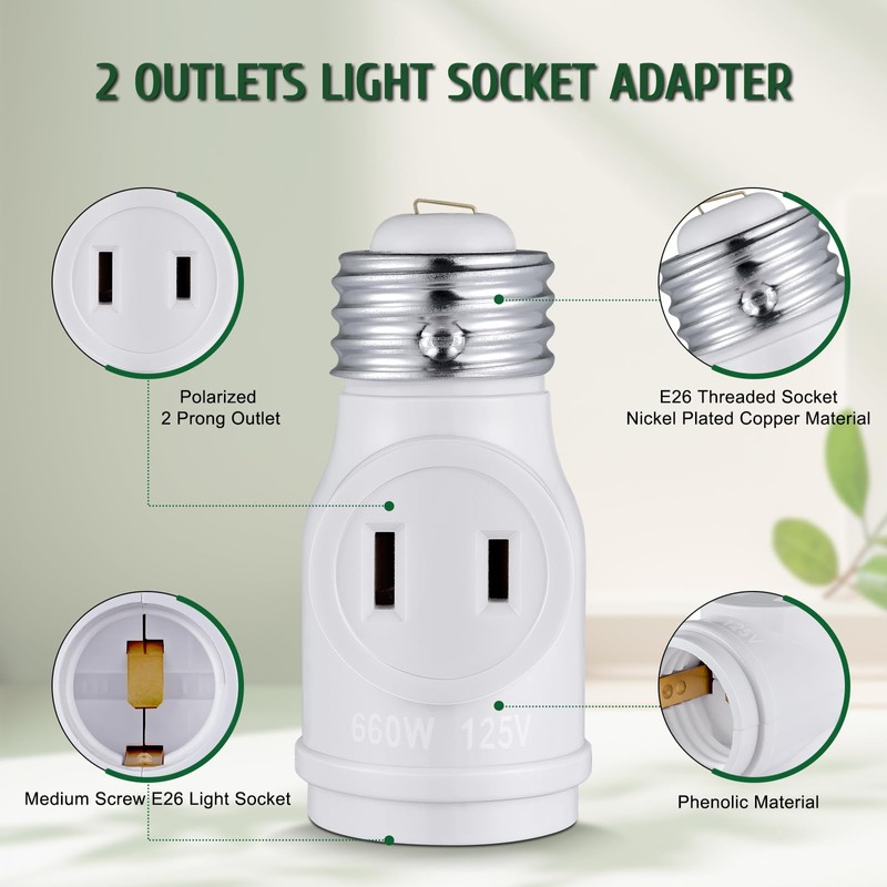 2 Outlet Light Socket Adapter, E26 Bulb Socket to Outlet