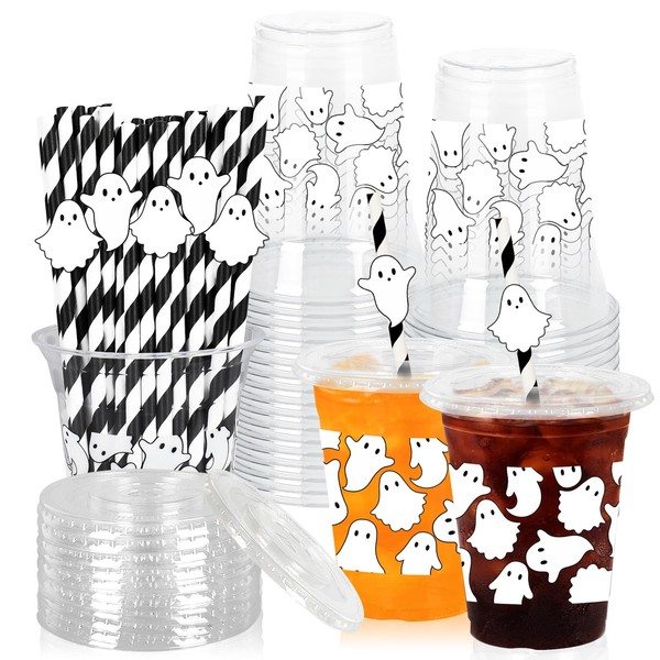 Whaline 50 Pcs Halloween Plastic Cups with Lids and Straws