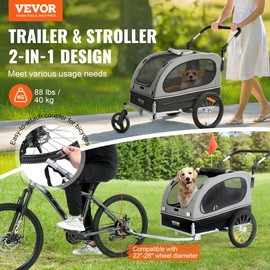 Dog Bike Trailer Stroller Pet Bike Carrier Supports up to 88 lbs, Black/Gray - 88 lbs