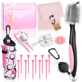 Wynaura 17 Pcs Golf Accessories Kit, Includes Cleaner Brush, Towel, Plastic Tees, Golf Ball Bag with Hook, Ball Marker Divot Tool, Score Counter, Essentials Kit for Women Man Gifts(Pink)