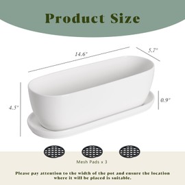 E-liu Oval Ceramic Planter Pot with Drainage Hole Saucers 14 Inch Succulents Planter Home Decor for Indoor Outdoor Plants Herb Cactus with 3 Mesh Pads, Plants Not Included, Black