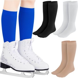 Handepo 4 Pairs Figure Skating Socks High Tights Skate Sock Ice Nylon Skating Socks for Ice Skates Dance(Black, White, Nude, Royalblue)
