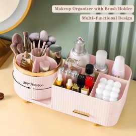 Rotating Makeup Organizer for Vanity with Brush Holder and Drawer, Cosmetic Makeup Storage, Large Spinning Makeup Skincare Organizer, Countertop Makeup Perfume Organizer, Lotions Display Case (Pink)