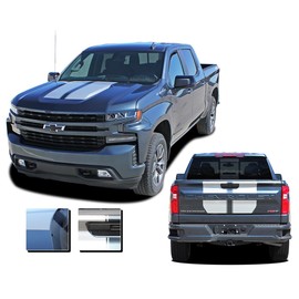 Original Bow Rally : Compatible with 2019-2025 Chevy Silverado Racing Stripes Hood Decals Tailgate Vinyl Graphic Kit (Fits All Models) (05 Silver Metallic – Wet Install)