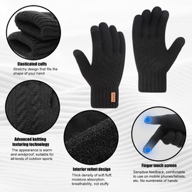 BOYSSPAA Winter Gloves with Touchscreen Fingers, Unisex Knitted Warm Snow Gloves, Fleece Lining, Plush Thickened for Running and Cycling, Black, L