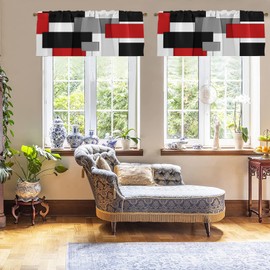 Emvency 2 Pack Valances Window Treatments Red and Black Geometry Abstract Modern Art Blackout Drapes Adjustable Curtain Valances for Windows Living Room Kitchen Over Sink 18x52 Rod Pocket Valances
