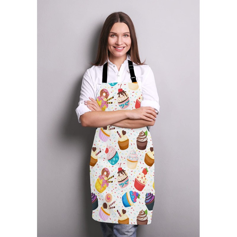 Wasach Cute Cupcake Pattern Apron,Sweet Dessert Apron,Adjustable Neck Bib Apron