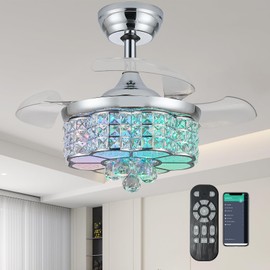 Zynfandor 30" RGB Crystal Retractable Ceiling Fan with Light Dimmable LED Chandelier, Remote & App Control, 6-Speed Timer, Memory Function for Bedroom Living Room,Silver