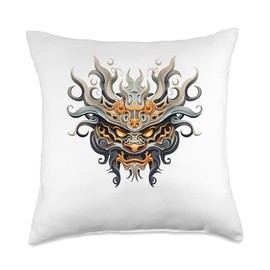 Scary Yokai Oni Mask Japanese Anime Warrior Throw Pillow