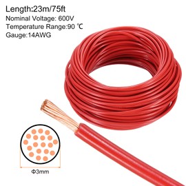 sourcing map 75 Feet Electrical Wire Insulated Stranded Copper 14 AWG Hook Up Wire Cable THHN Wire Residential, Industrial, Grounding, Electrical Rated for 600 Volts, UL listed, Red