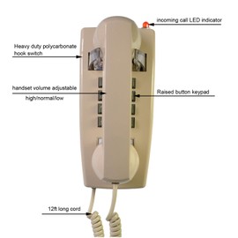 TelPal Corded Wall Phone, Analog Wall Mount Phone with Cord, Vintage Wall Mounted Telephones Landline with Loud Traditional Phone Ringer and Handset Volume Control- Wall Mount Jack Required