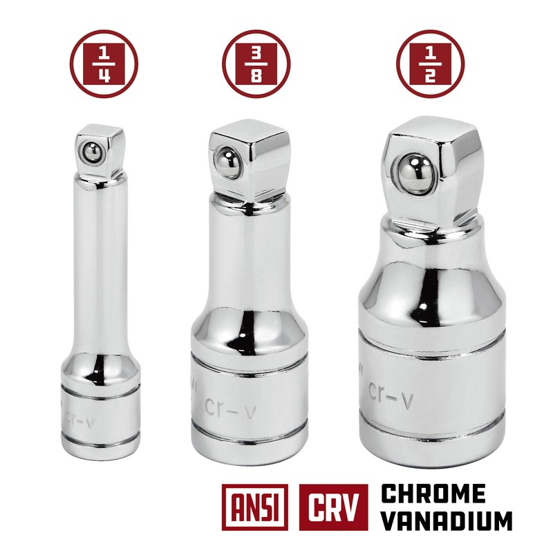Powerbuilt 1/2-inch Drive Wobble Extension Set, 3 Piece, 1/4-inch, 3/8-inch,