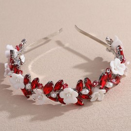 Lenjicons Dainty Rhinestone Flower Hair Tiara Pearls Rhinestone Hair Crown Elegant Flower Crystal Headband Bridal Hair Accessories for Women (wine red)