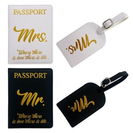 Just Married Honeymoon Essentials Gifts, 4pcs Mr and Mrs Luggage Tag Set, Suitable for Couples Traveling As Passport Holder Set, Cruise Tags.