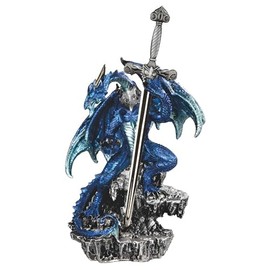 ICE ARMOR 9.5" H Blue Dragon with Sword on Rock Figurine Statue Sculpture Ornament Decoration Home/Room Decor Ideas for Housewarming, Holidays and Birthdays Great Collectible