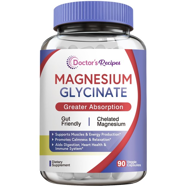 Doctor's Recipes Magnesium Glycinate for Men & Women, 100mg Elemental Mag, 90 Caps, Amino Acid Chelated, High Absorption, Easy on Stomach, Calm, Bone, Muscle, Heart, Energy, Nerve, No Gluten