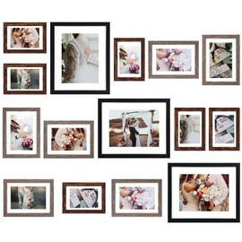 Fixwal Picture Frames Set, 15 Pack Wall Frame Set in 3 Different Finishes with Mat for Multiple Sizes Photos, Three 8x10, Six 5x7, Six 4x6 for Wall Gallery Decor, Hanging or Tabletop Display