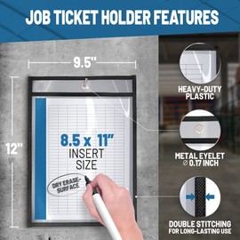 10 Pack Job Ticket Holders 8.5x11 - Work Order Plastic Sleeves for Documents - 8 1/2 x 11 Shop Ticket Holders - Dry Erase Pocket Sleeves - Dry Erase Pockets - Dry Erase Sleeve - Clear Pocket Sleeve